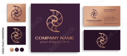 Shell logo. Modern seashell, naulilus. Elegant linear logo. Template to create a unique luxury design, logo. Vector