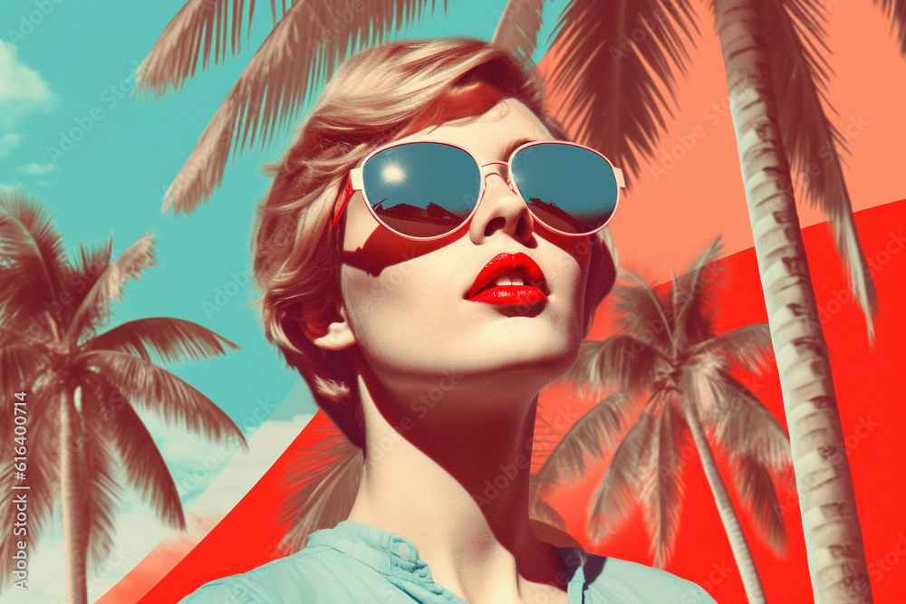 Glamorous Getaway: Blonde Beauty in Red, Sunglasses, and Palm Trees ,Generative AI