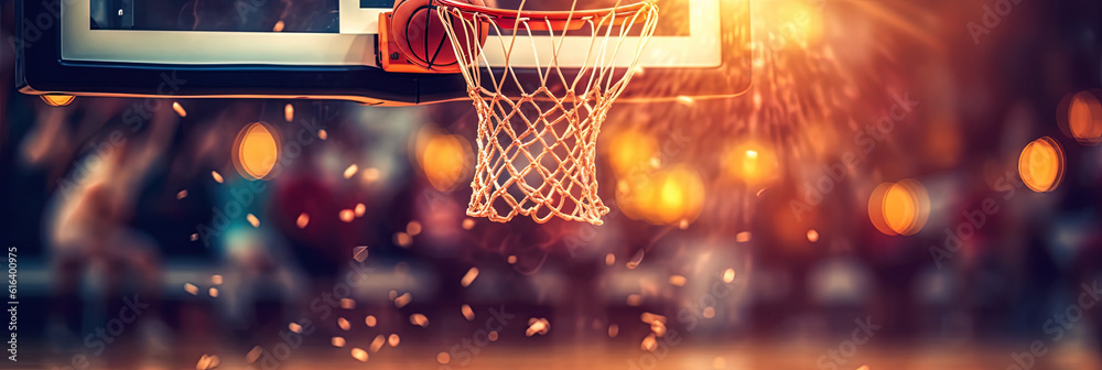 Basketball Korb mit Ball und Bokeh Hintergund, Banner, Generative AI