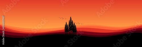 forest silhouette with mountain sunset landscape view vector illustration good for wallpaper, backdrop, background, web banner, and design template