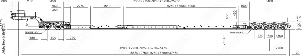Vector sketch of a truck tailgate long trailer illustration with scale of sizes Vector sketch of a truck tailgate long trailer illustration with scale of sizes