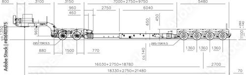 Vector sketch of a truck tailgate long trailer illustration with scale of sizes 