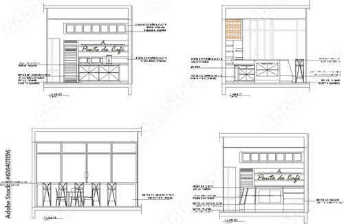 Vector sketch of modern minimalist cafe architectural design illustration