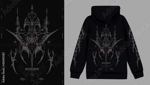Modern poster in gothic style. Gothcore print, 3D abstract symmetrical spikes with bones. Dark print for t-shirt, hoodie and sweatshirt