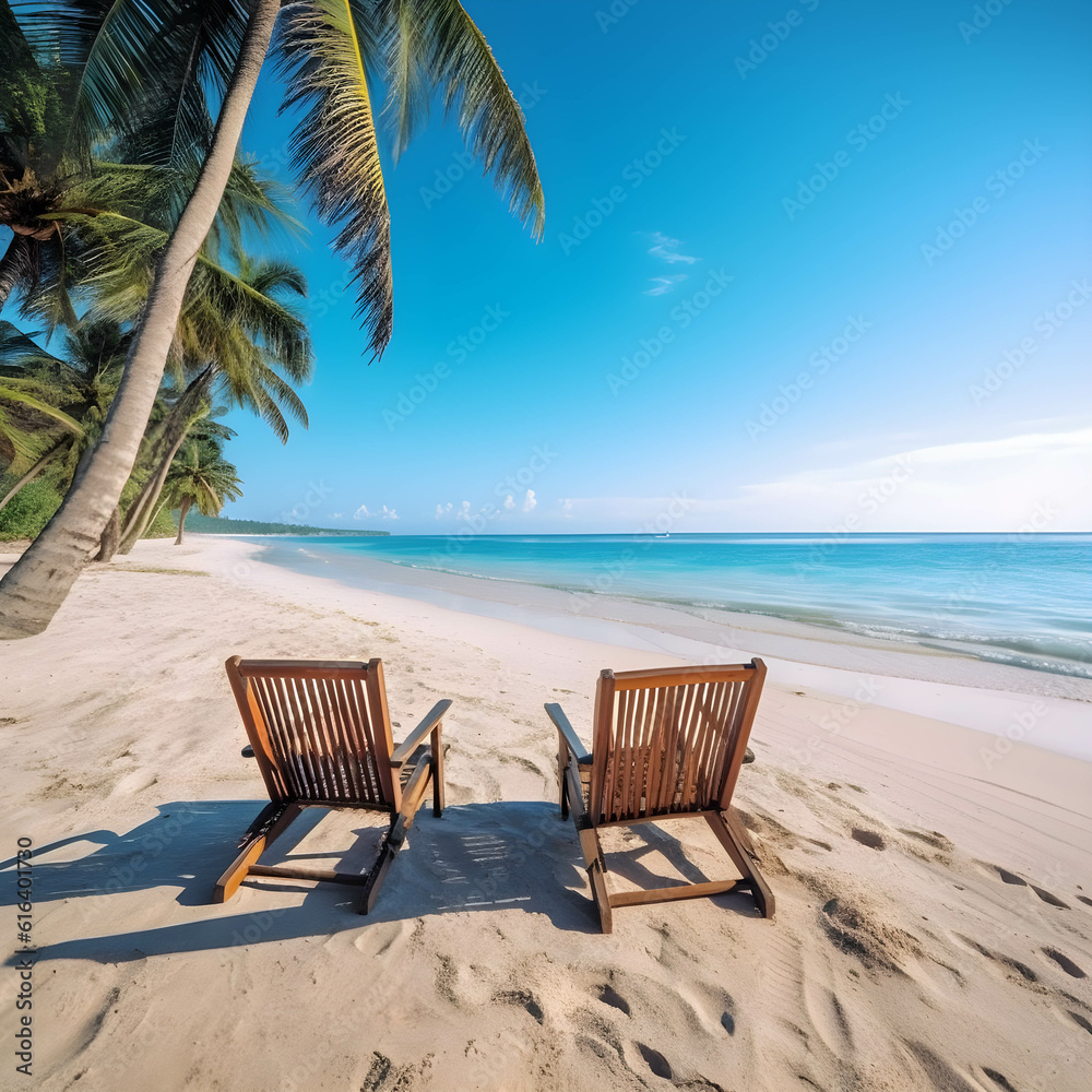 Relax chair Empty sea wave sand sun tropical beach background. Generative Ai.