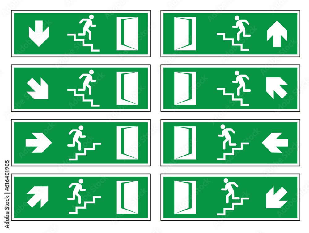 Emergency exit door. Sign with a human figure on the stairs. Vector ...