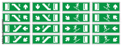 Emergency exit door. Sign with a human figure on the stairs. Vector illustration.