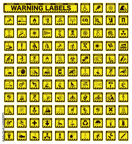 Collection of warning and safety signs. Set of safety and caution signs. Square yellow signs with the designation dangerous.