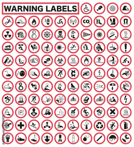 Collection of warning and safety signs. Set of safety and caution signs. Round white signs with a red border.