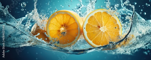 Fresh citrus fruits  water splash on blue background.
