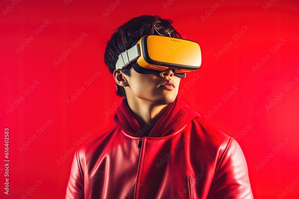 Portrait of a futuristic young man wearing virtual reality glasses.Generative Ai Portrait of a futuristic young man wearing virtual reality glasses.Generative Ai