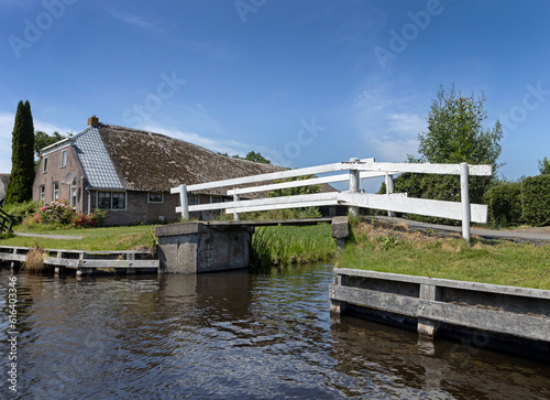 Bridges and houses in Belt Schutsloot. Near Giethoorn. National park de Wieden and Weerribben. Netherlands.