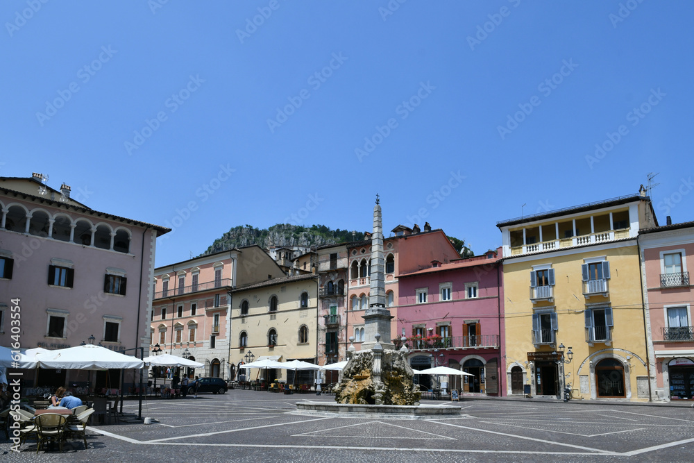 View of the square of Tagliacozzo, a medieval town in the Abruzzo region, Italy.	