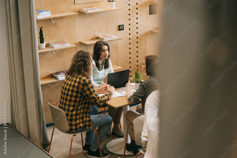 Short haired business girl talking about her failed negotiations with her client