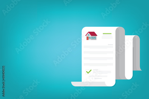 Real estate business document. Buy or rent house contract. Real estate document, mortgage documents. Vector illustration