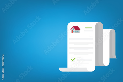 Real estate business document. Buy or rent house contract. Real estate document, mortgage documents. Vector illustration