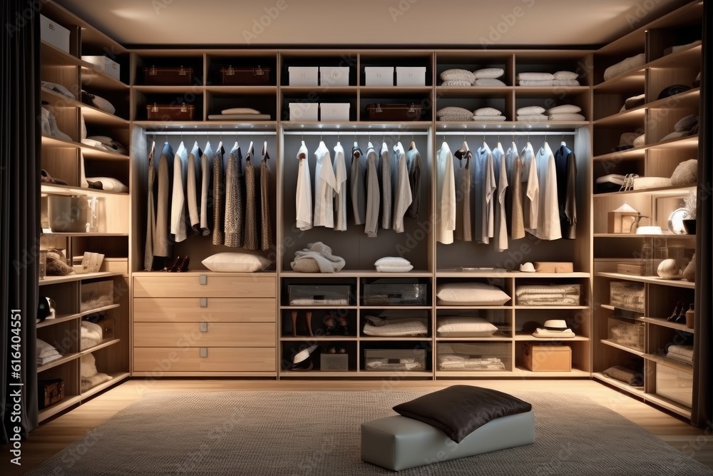 clothes hanging on rail in wooden closet at home, AI generated