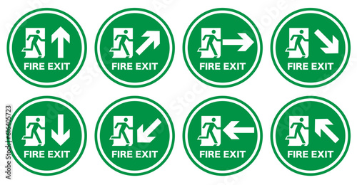 Square stickers indicating the direction of the fire exit. Emergency exit and action in case of fire. EPS 10.