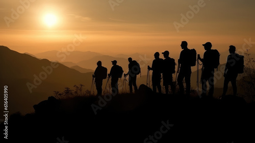 Silhouette of Business People and hikers Celebrating At Sunset © STORYTELLER