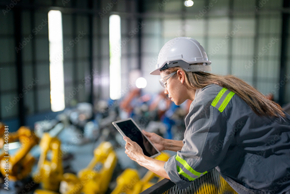 Foto de Technology Engineer Working in Factory. Holding check-list and ...