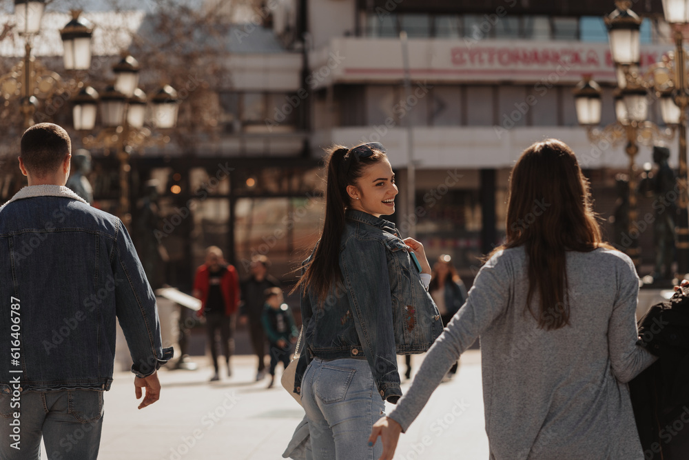 Three friends walking