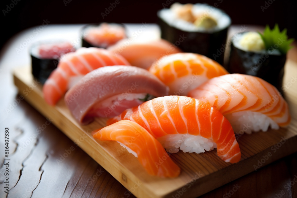 sushi fish japanese seafood set meal roll rice food japan. Generative AI. sushi fish japanese seafood set meal roll rice food japan. Generative AI.
