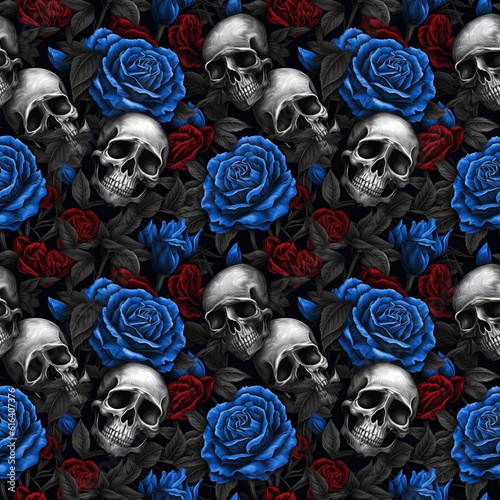3d skull and blue and red roses seamless pattern
