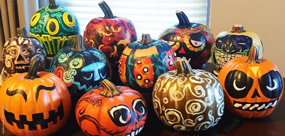 Fototapeta premium Halloween pumpkin with an evil carved muzzle in a festive interior, Witch's Night or All Saints' Eve. Vegetable jack lantern decoration. Hand crafted from food, carving for the holiday. Generative AI