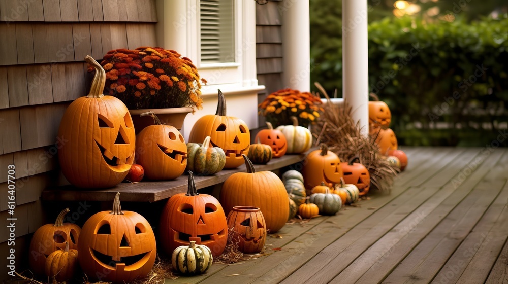 Obraz premium Halloween pumpkin with an evil carved muzzle in a festive interior, Witch's Night or All Saints' Eve. Vegetable jack lantern decoration. Hand crafted from food, carving for the holiday. Generative AI