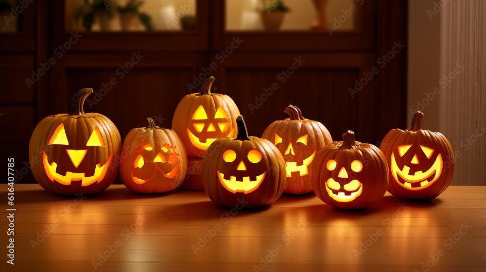 Obraz premium Halloween pumpkin with an evil carved muzzle in a festive interior, Witch's Night or All Saints' Eve. Vegetable jack lantern decoration. Hand crafted from food, carving for the holiday. Generative AI