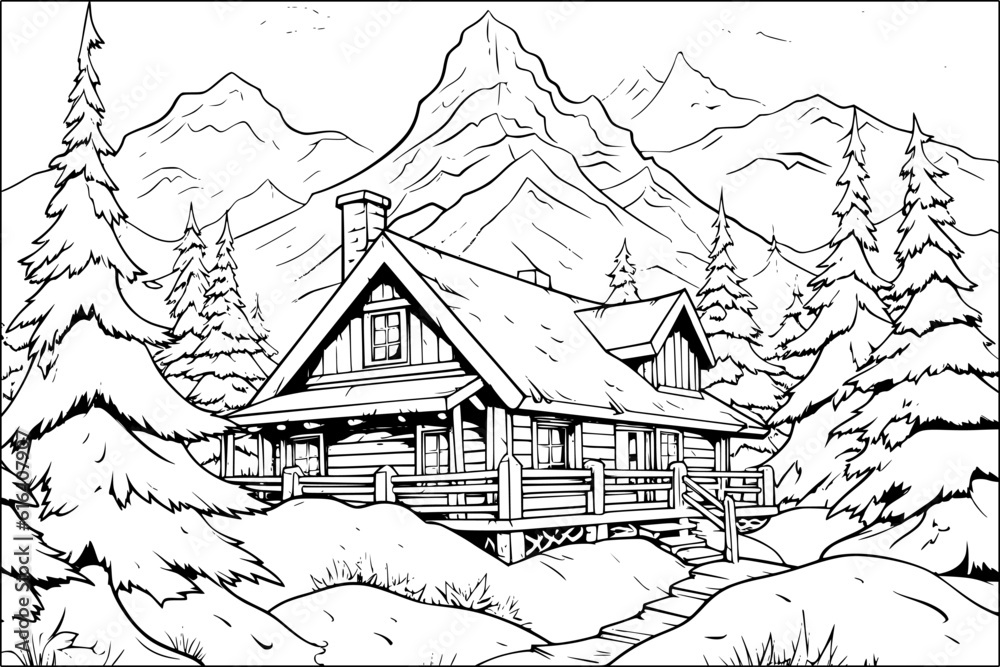 Coloring page for adult and kids. Sketch of Wooden cabin in pine forest ...