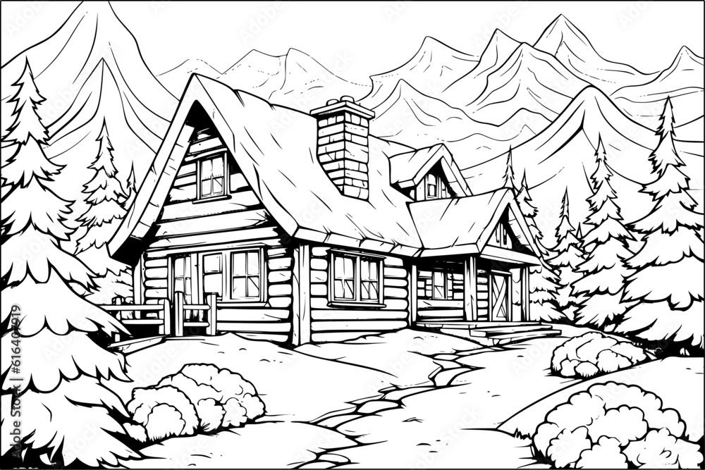 Coloring page for adult and kids. Sketch of Wooden cabin in pine forest ...