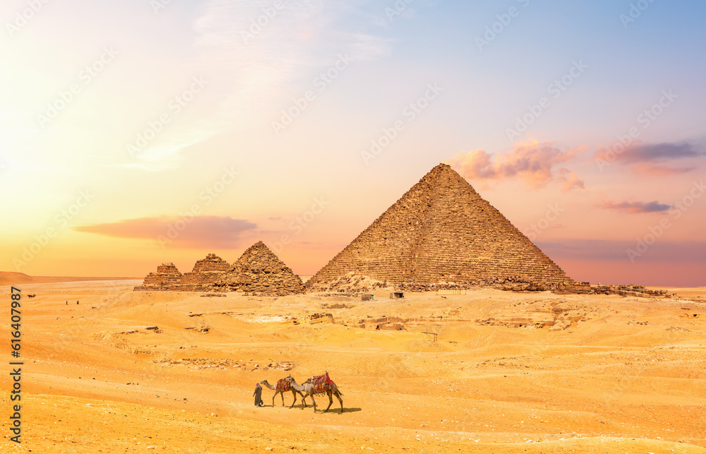 The Pyramid of Menkaure with the three pyramid companions in the desert of Egypt, Giza