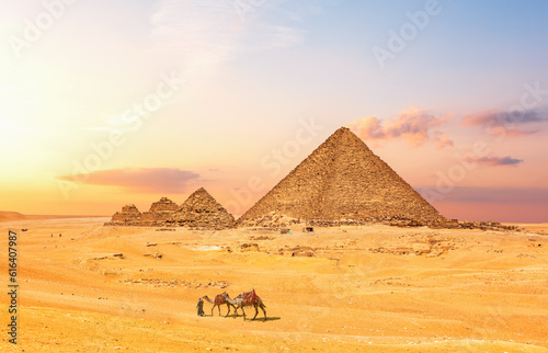 The Pyramid of Menkaure with the three pyramid companions in the desert of Egypt  Giza