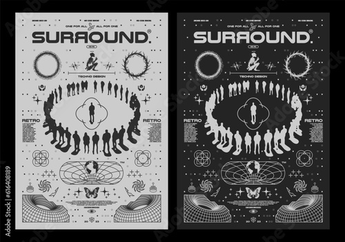 Grunge poster with blurred silhouettes of people "surround". Gothic elements for design, print for t-shirt, hoodie and sweatshirt. Isolated on black and white background