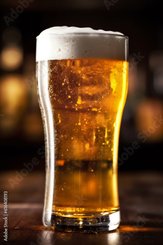 beverage pub beer alcohol drink foam pint lager gold glass. Generative AI.