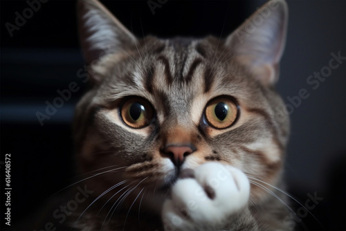 Generative AI. a cat with its hand in its mouth