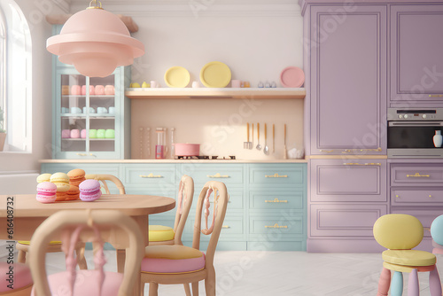 A cute homemade pastry shop in pastel blue pinks. A cartoon toy tiny kitchen with cooking utensils for making sweets. Generative AI 3d render illustration.