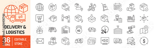 Delivery and Logistics editable stroke outline icons set. Delivery, logistics, cargo, freight, shipping, order tracking, package and shipment. Vector illustration