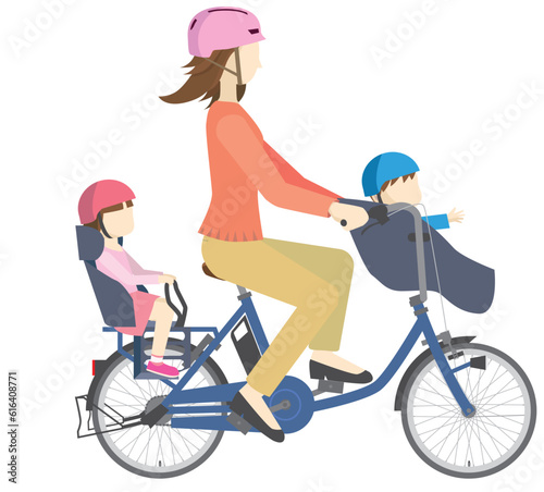 電動アシスト自転車に乗るヘルメットを被った女性と子供のイラスト