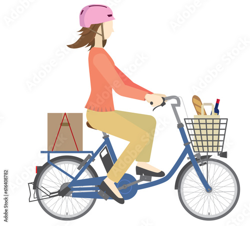 電動アシスト自転車に乗るヘルメットを被った女性のイラスト・買い物風景