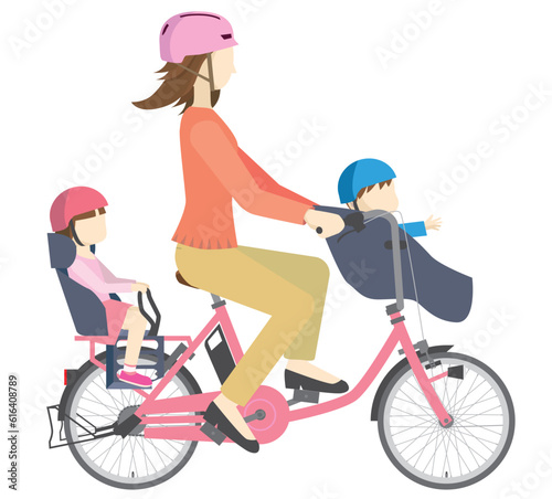 電動アシスト自転車に乗るヘルメットを被った女性と子供のイラスト