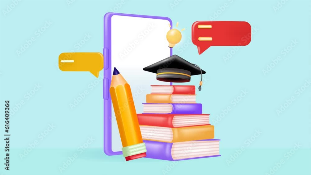 Online learning class on mobile phone, with 3d vector element animation of pile of books and pencils coming out of smartphone, text balloons, lamp and graduation hat. Perfect for online schools