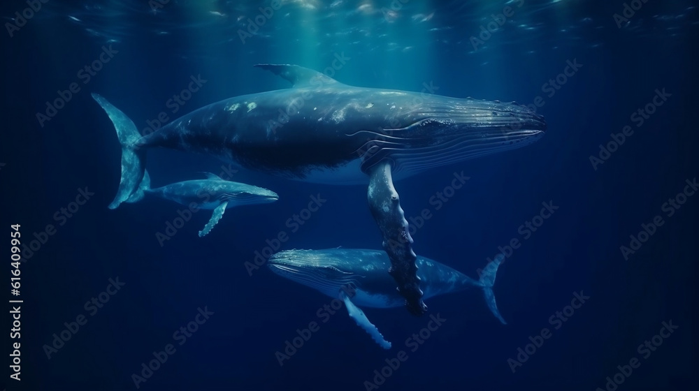 Huge whale breaching and swimming in the ocean Huge whale breaching and swimming in the ocean