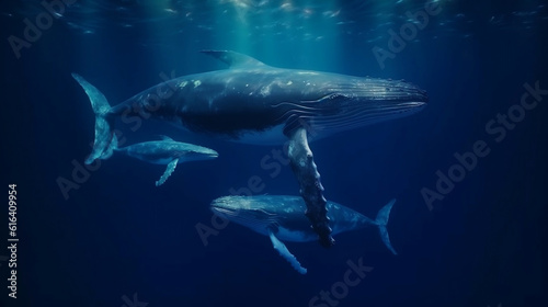 Huge whale breaching and swimming in the ocean