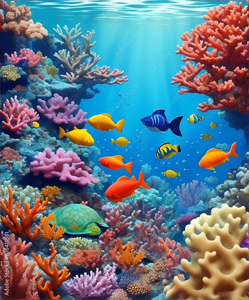 An underwater scene with a large colorful coral reef by ai generated.