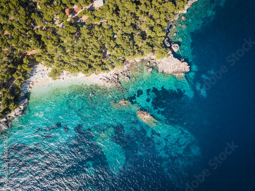 Drone shots of beautiful blue water on Hvar Island in Croatia