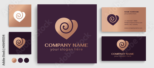 Heart and spiral logo. Flower in the shape of a heart. Roll of fabric or paper. Elegant flowing lines. Template for creating a unique luxury design