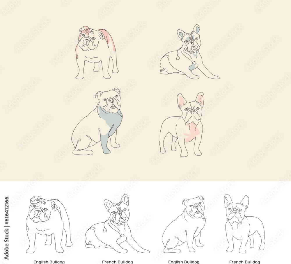Front view of standing dog, sitting bulldog. Continuous line art drawing style. Curious funny dog black linear sketch isolated on white background. Vector illustration. Isolated, freestanding graphic. Front view of standing dog, sitting bulldog. Continuous line art drawing style. Curious funny dog black linear sketch isolated on white background. Vector illustration. Isolated, freestanding graphic.