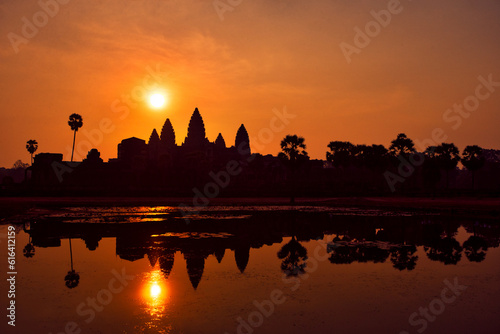 South-East Asia  Cambojia Siem Reap  Angkor Wa march 2  2017. .Angkor Wat in twilight  Status silhouette of Angkor Wat in sunrise  the best time in the morning at Angkor Wat  Siem Reap  Cambodia